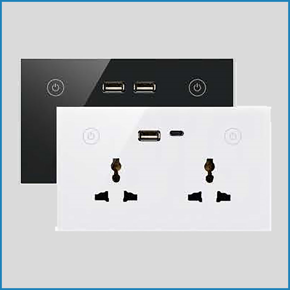 Ổ cắm điện âm tường thông minh Wifi KNX Smart Home  đa năng + sạc USB type A & C mặt kính trắng hoặc đen US.